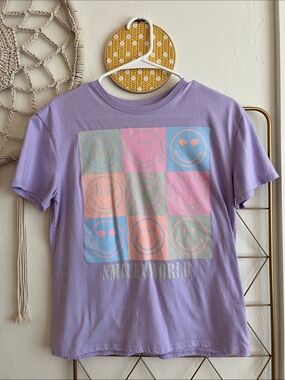 L (10/12) | Girls' SmileyWorld Lavender Graphic Tee with Pastel Smiley Grid